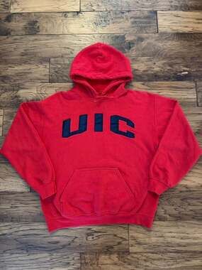 Vintage UIC Flames Spellout Hoodie Red Pullover Sweatshirt Adult Large